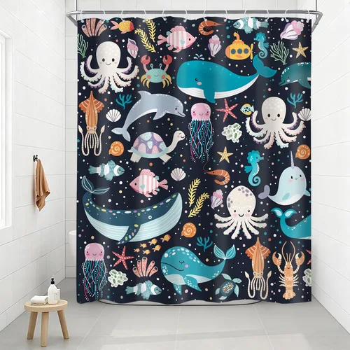 Miniatura 16 de Riyidecor Ocean - Cortina de ducha para niños, 60 pulgadas de ancho x 72 pulgadas de alto, diseño de ballena, dibujos animados, animales, delfín