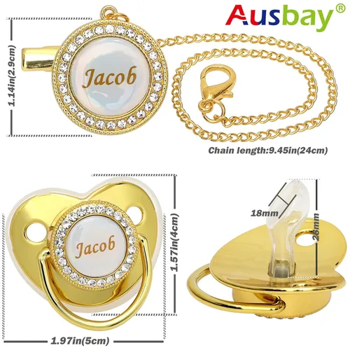 Miniatura 2 de Juego de chupete personalizado con nombre, sin BPA, dorado, plateado, rosa, oro rosa, lujoso, regalo ideal para recién nacidos (plateado)