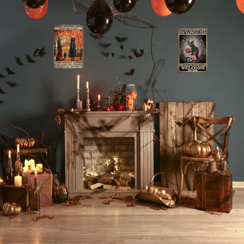 Miniatura 2 de PAIION Letrero de gato de bruja negra Once Upon A Time There was a girl who really Loved Cats Halloween vintage metal letreros de baño dormitorio
