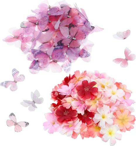 Miniatura 7 de Canlierr Juego de 100 mariposas de organza con cabeza floral sintética para manualidades, 50 cintas pequeñas 3D, 50 mini flores de imitación