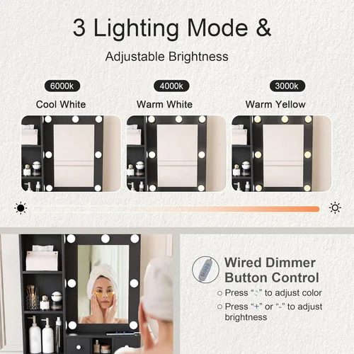 Miniatura 7 de Runboll Small Vanity Desk with Mirror and Lights, Makeup Vanity Table Set with Power Outlet, Drawer Storage, Stool, Adjustable LED Lighting