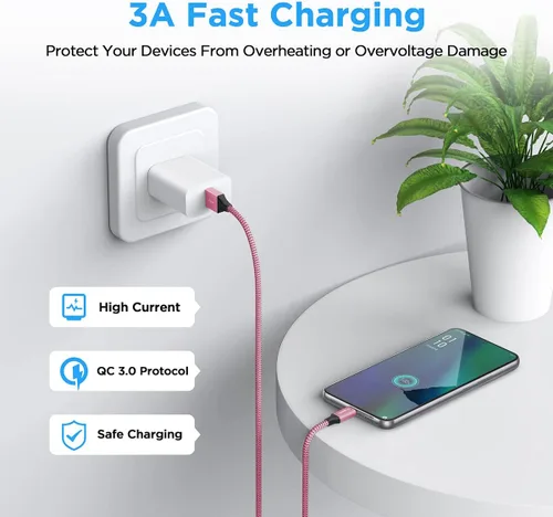 Miniatura 3 de Etguuds Cable rosa de 10 pies de carga rápida de USB-A a USB-C, 2 unidades, para Samsung S23, S22, S21, S20, S10, S10E, A10e, A11, A13, A03s, A52
