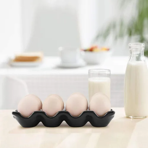 Miniatura 4 de Flexzion Bandeja de Cerámica para 12 Huevos - Portahuevos de Porcelana para Docena Completa Contenedor Organizador de Almacenamiento Soporte