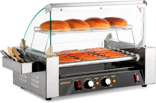 18 Hot Dog 7 Roller 1050W, máquina de cocina para perros calientes con iluminación LED, control de temperatura doble, cubierta, estante extraíble y