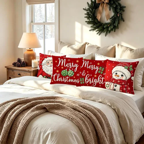 Miniatura 6 de Juego de 4 fundas de almohada rojas de 18 x 18 pulgadas, diseño de Papá Noel, muñeco de nieve, Feliz Navidad, para sofá, decoración de vacaciones