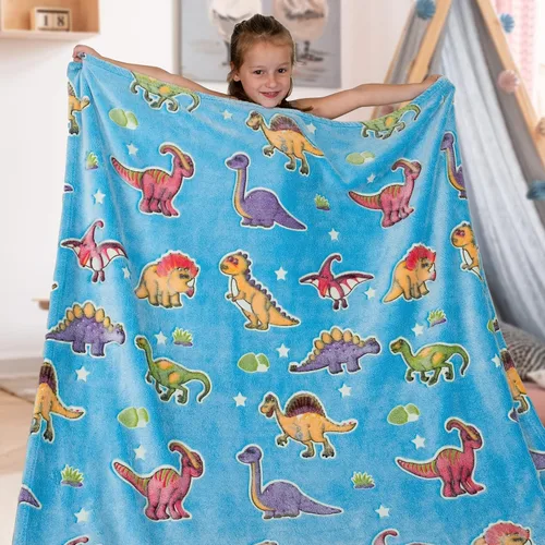 Miniatura 6 de Manta de dinosaurio para niños, manta que brilla en la oscuridad para niños y niñas pequeños, suave y acogedora manta de dinosaurio de forro polar