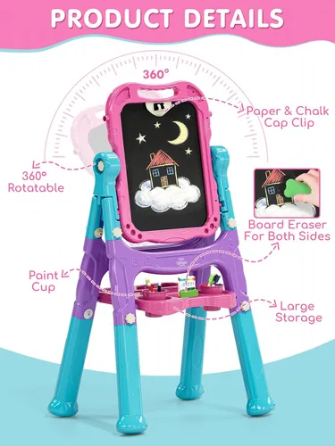 Miniatura 5 de Lehoo Castle Caballete para niños, caballete de arte para niños 4 en 1 de doble cara con pizarra blanca magnética y pizarra de tiza, caballete