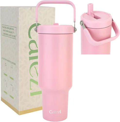 Miniatura 49 de Vaso de 30 onzas con tapa y pajita, vasos de acero inoxidable con aislamiento al vacío con pajita plegable y asa superior, botella de agua aislada