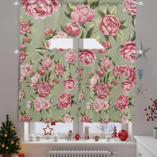 Miniatura 7 de Juego de cortinas de cocina con festón floral verde salvia, cenefa y nivel, 24 pulgadas de largo, diseño retro de flores rosa pastel, cortinas