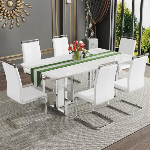 Miniatura 15 de Juego de mesa de comedor moderno de 67 pulgadas para 6, juego de mesa de cocina blanca, juego de mesa de comedor de lujo con mesa de mármol