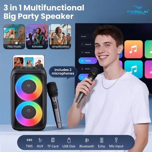 Miniatura 2 de Altavoz Bluetooth con 2 micrófonos inalámbricos recargables, altavoz portátil para fiesta con luces de colores, altavoces de pie compatibles