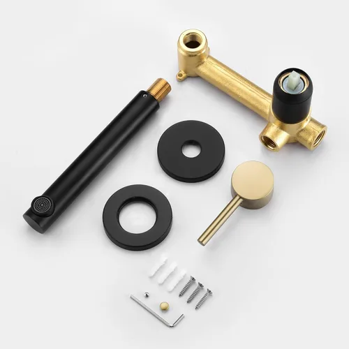 Miniatura 6 de SUMERAIN Grifo de lavabo de baño montado en la pared, acabado negro y dorado, grifo de lavabo con una sola manija y válvula áspera