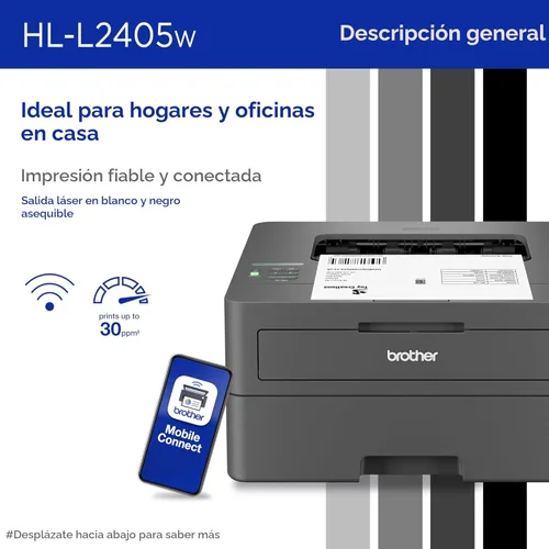 Miniatura 2 de Impresora láser monocromática compacta inalámbrica Brother HL-L2405W con impresión móvil, salida en blanco y negro Incluye prueba de suscripción