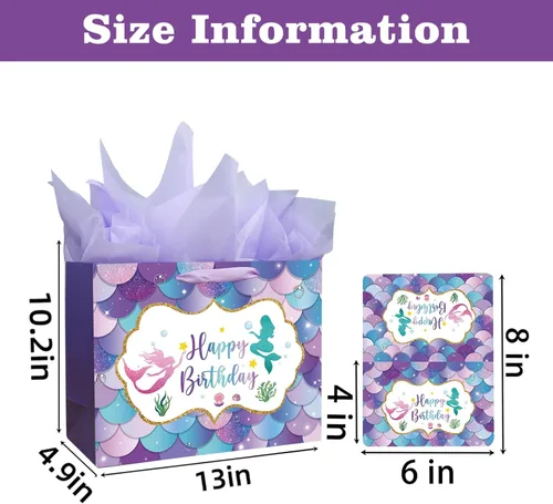 Miniatura 2 de Laidans Bolsa grande de regalo de cumpleaños de sirena de 13 pulgadas con asa, papel de seda y tarjeta para niños y niñas (13 pulgadas morado)