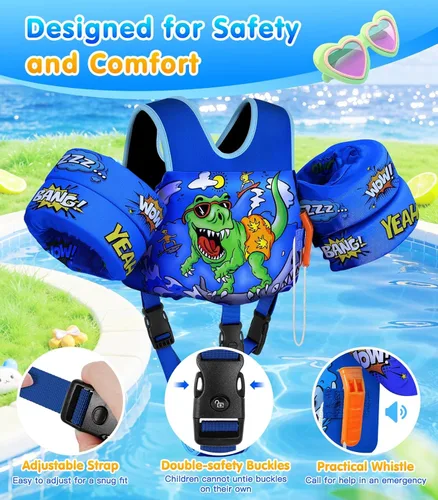 Miniatura 3 de MoKo - Chaleco de natación para niños pequeños de 6.8 a 25.4 kg, con alas de natación para charco, con correa para la entrepierna, alas de natación