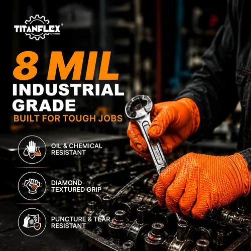 Miniatura 2 de TitanFlex Heavy Duty Orange Industrial Nitrile Gloves with Raised Diamond Texture, Latex Free (6mil/8mil)