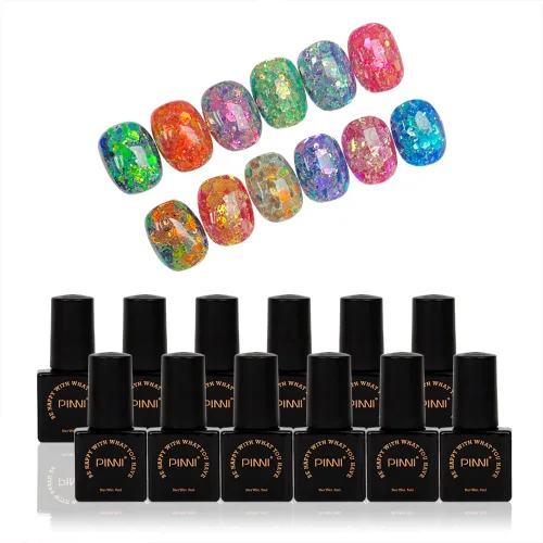 PINNI - Juego de 12 esmaltes de uñas de gel holográficos con purpurina de camaleón, lentejuelas grandes, semipermanente UV LED, esmalte de uñas de