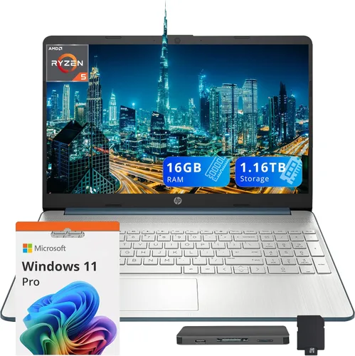 HP Laptop FHD de 15.6", AMD Ryzen 5-5500U, 16 GB de RAM, almacenamiento de 1.16 TB (1 TB SSD + 160 GB de estación de acoplamiento), gráficos AMD