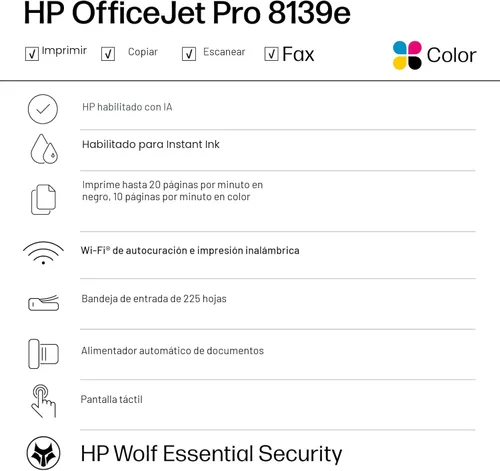 Miniatura 2 de HP OfficeJet Pro 8139e Impresora inalámbrica de inyección de tinta todo en uno, impresión, escaneo, copia, fax, ADF, impresión dúplex mejor