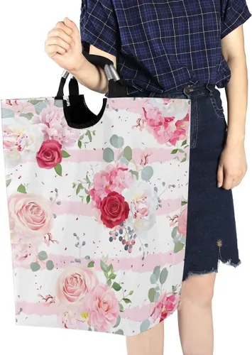 Miniatura 7 de Cesta de lavandería con diseño de rosas rosas, portátil, plegable, organizador de ropa con asas, bolsa de almacenamiento para habitación de niños