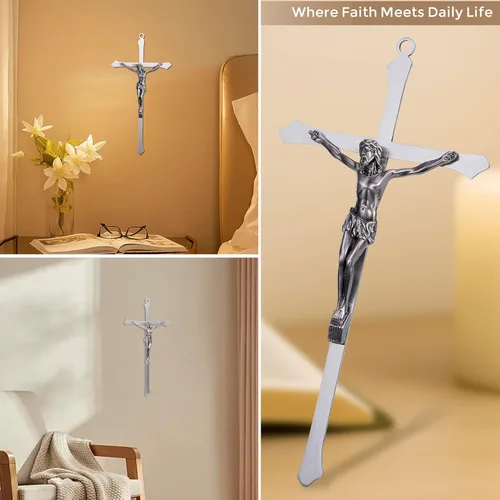 Miniatura 5 de ACHIBANG Crucifijo de metal de 10 pulgadas - Cruz de Jesús de plata católica moderna para decoración de pared, símbolo cristiano de fe plata
