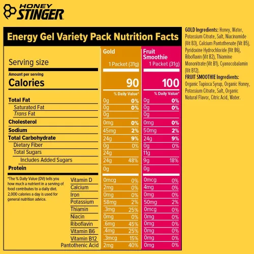 Miniatura 2 de Honey Stinger Paquete variado de gel energético, 12 paquetes de sabor a oro y licuado de frutas orgánicas, sin gluten y sin cafeína, nutrición
