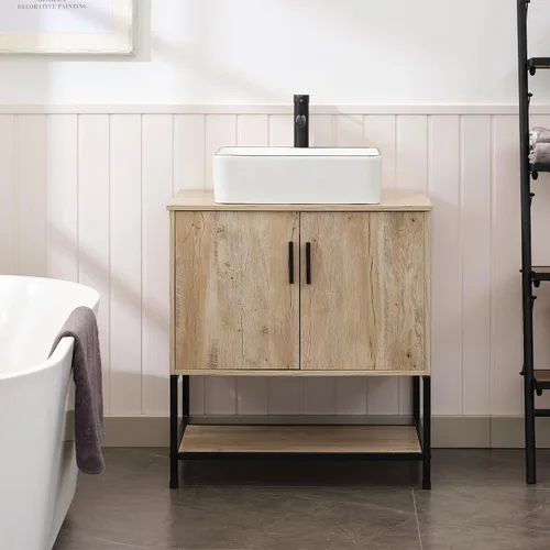 Miniatura 58 de UEV Tocador de Baño de Roble Rústico de 24" con Lavabo, Conjunto de Gabinete de Baño con Marco de Hierro Industrial con Puertas y Estante, con Combo