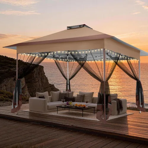 Miniatura 39 de COBIZI - Tienda desplegable de 3,66 x 3,66 metros en oferta - Cenador portátil de metal para exteriores con mosquitero, impermeable - Cenador Caqui