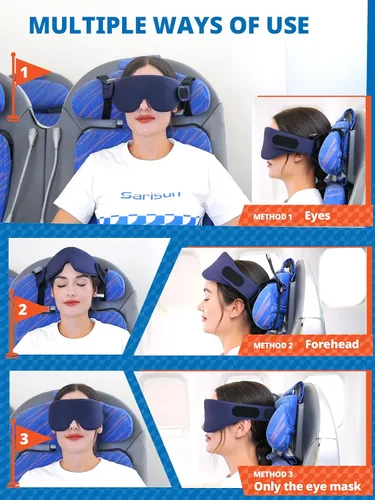 Miniatura 4 de SARISUN Correa para la cabeza de avión con máscara de ojos 3D, alternativa a la almohada de viaje para vuelos largos, soporte de 360° para la cabeza