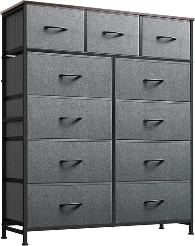 WLIVE Cómoda alta para dormitorio, torre de almacenamiento de aparadores de tela, cómoda y cómoda con 11 cajones, armario de almacenamiento, Gris
