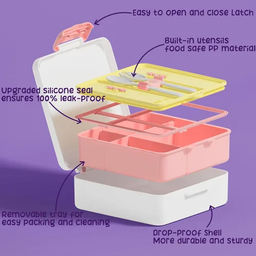 Miniatura 3 de Fimibuke Lonchera Bento para niños, a prueba de fugas, con 4 compartimentos, sin BPA, apta para lavavajillas, con utensilios, tamaños de porciones