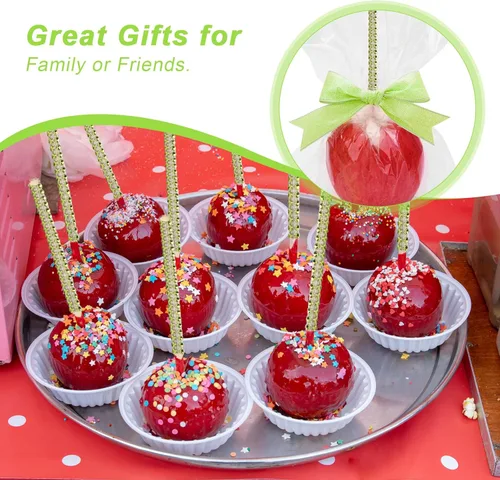 Miniatura 5 de Juego de 24 palitos de manzana de caramelo, 24P Bling Stick para brochetas de madera con diamantes de imitación de manzana con bolsas de 24 P/cinta