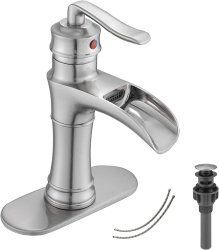 Miniatura 17 de Grifo de baño de cascada de latón antiguo GGStudy con una sola manija de un agujero, grifo de lavabo de baño a juego con drenaje desplegable