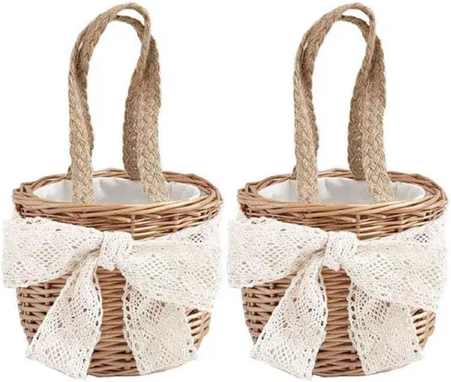 Miniatura 9 de Cestas de flores para niñas, 2 paquetes de cestas de flores tejidas rústicas portátiles para niños, cestas de mimbre hechas a mano de 5.1 pulgadas