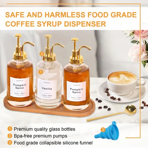 Miniatura 5 de Dispensador de jarabe de café para barra de café, dispensador de jarabe de vidrio de 16.9 onzas 500ml, con cuchara de café dorada, dispensador de 3