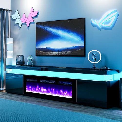 Soporte de TV moderno con chimenea eléctrica de 87 pulgadas con luces LED de chimenea de 40 pulgadas y toma de corriente para televisores de hasta