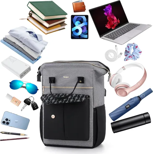 Miniatura 7 de MOMUVO Mochila para computadora portátil para mujer, bolsa para laptop de 15.6 pulgadas, mochila de trabajo con puerto de carga USB, mochila