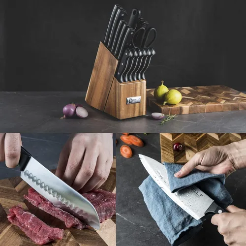 Miniatura 3 de Juego de cuchillos de cocina de madera para cocina con bloque de cuchillos de acero inoxidable, 16 piezas y tabla de cortar con ranura, asas negras