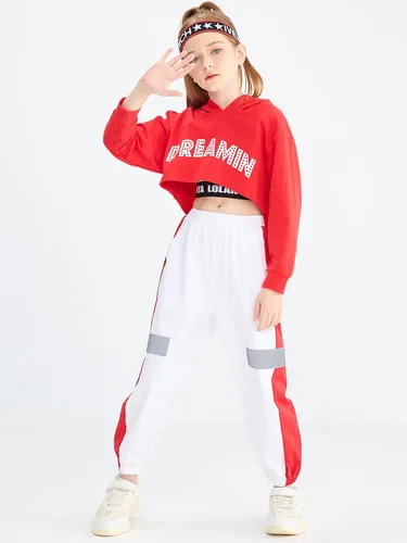 Miniatura 7 de LOLANTA Conjunto de 3 piezas para niñas, sudadera corta con capucha y pantalones deportivos, hip hop, jazz, danza callejera, monopatín