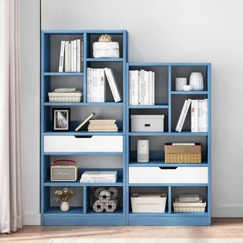 Miniatura 5 de IOTXY - Estantería de madera con espacios abiertos, 51" de altura, organizador de almacenamiento con 7 cubos y un cajón, estante de piso, color azul