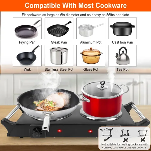 Miniatura 3 de TeqHome Placa caliente, estufa eléctrica portátil de 2000 W para cocinar con asas que se mantienen frescas y 5 niveles de temperatura ajustable