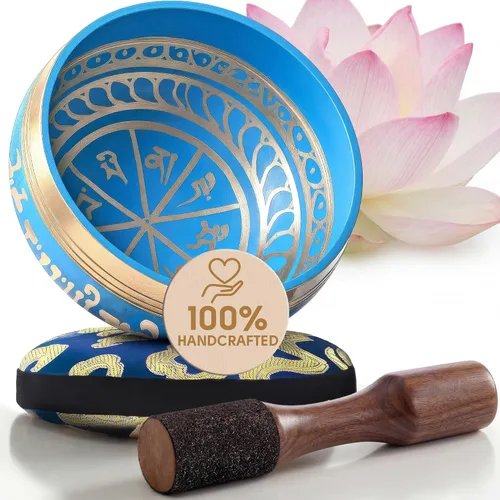Miniatura 20 de Juego de cuencos tibetanos grabados a mano con estuche – Cuenco de meditación y cuenco de sonido con cojín, mazo y guía – Herramienta portátil