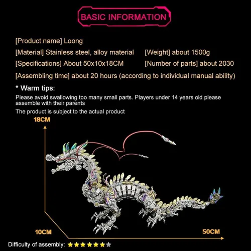 Miniatura 6 de Rompecabezas de metal 3D – Kit de modelo de dragón chino grande – Rompecabezas de metal mecánico – Adorno de escritorio de bricolaje – Rompecabezas