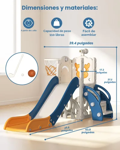 Miniatura 6 de BIERUM Tobogán para niños, juego de 6 en 1 para interiores y exteriores con aro de baloncesto, juego de golf y telescopio, juego de tobogán y Azul