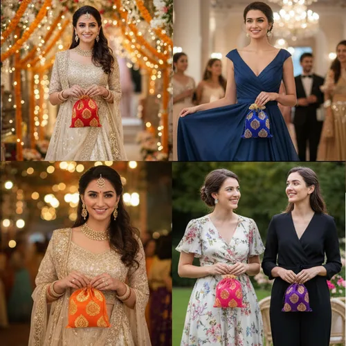 Miniatura 6 de Touchstone Bolsas de cordón tradicionales indias hechas a mano en tejido brocado con patrón de hojas de ficus. Perfecto para regalos, joyas, bodas