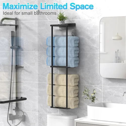Miniatura 7 de Liuoud Toallero para Baño, Organizador Portador de Almacenamiento de Toallas Enrolladas Vertical Montado en la Pared con Estante, Sostiene Hasta 6