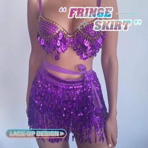 Miniatura 3 de REETAN Falda Boho para danza del vientre con lentejuelas, mascada de cadera con flecos y borlas falda para fiestas, bailes,actuaciones y disfraces