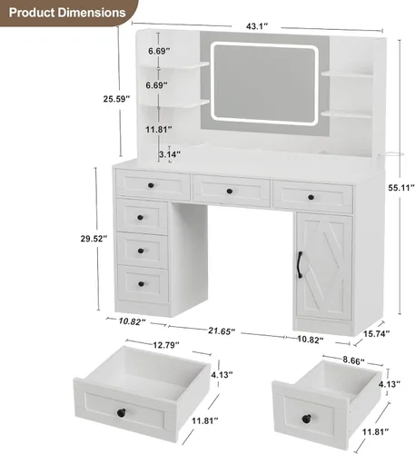 Miniatura 7 de COMHOMA Tocador de Maquillaje con Espejo y Luces, Mesa de Tocador Grande con 6 Cajones y 1 Armario de Almacenamiento, Mesa de Tocador Blanca