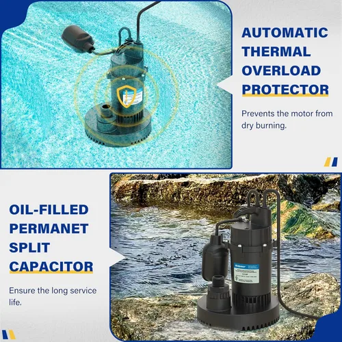Miniatura 6 de Acquaer Bomba sumergible de agua limpia/sucia con interruptor de flotador ajustable para jardín, piscina, sótano, casa inundada, bañera