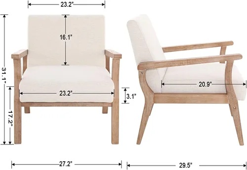 Miniatura 2 de Juego de 2 sillas decorativas beige, sillas modernas de mediados de siglo para sala de estar, dormitorio, sillón con marco de madera, silla auxiliar
